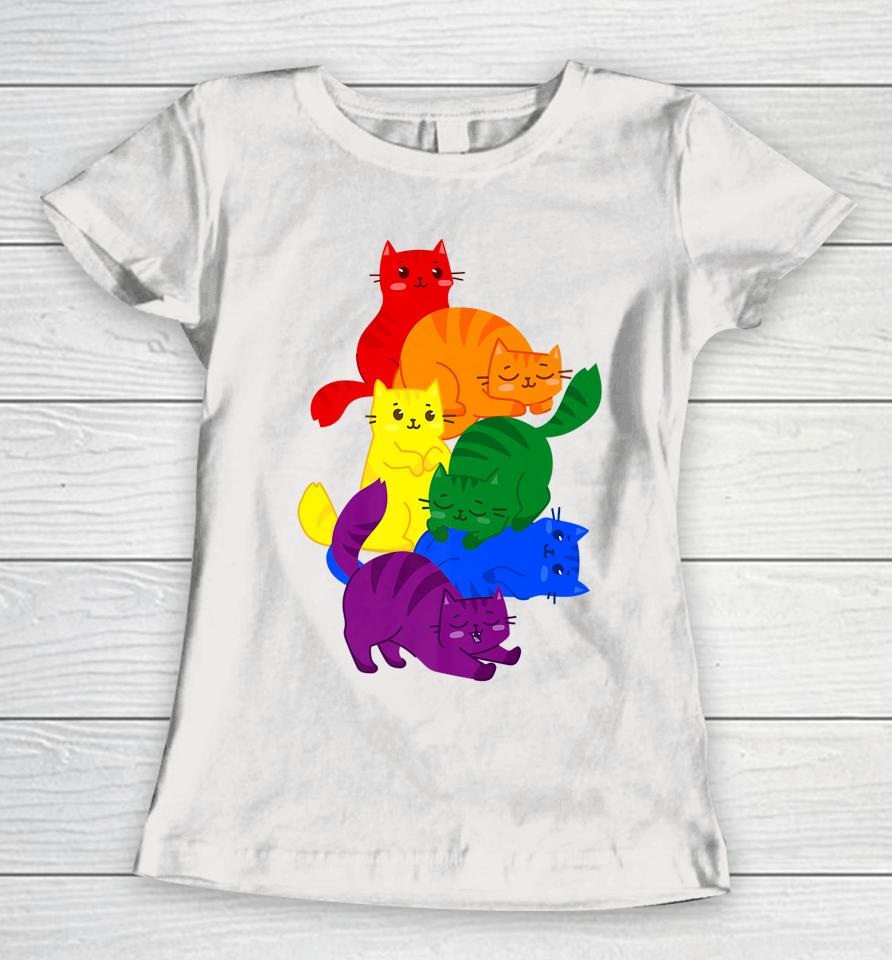 Gay Pride Cat Lgbt Ally Kawaii Cats Pile Lgbtq Rainbow Flag Women T-Shirt