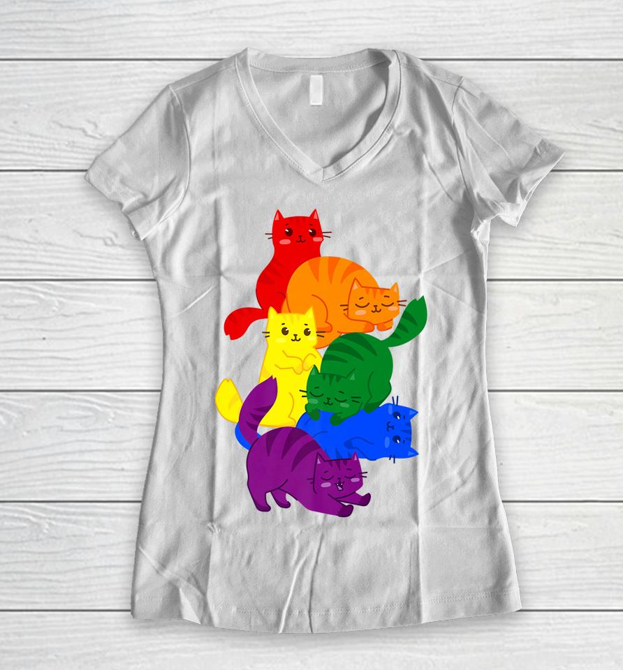 Gay Pride Cat Lgbt Ally Kawaii Cats Pile Lgbtq Rainbow Flag Women V-Neck T-Shirt