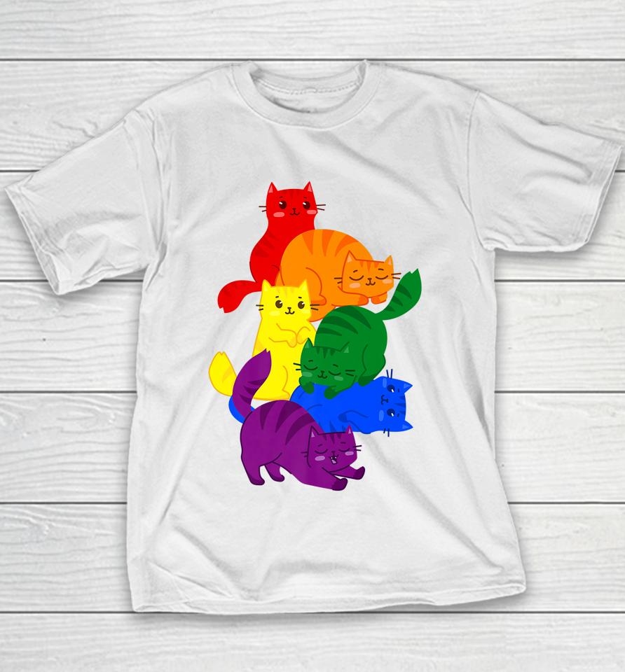 Gay Pride Cat Lgbt Ally Kawaii Cats Pile Lgbtq Rainbow Flag Youth T-Shirt