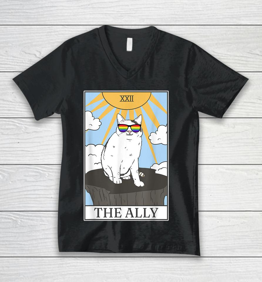 Gay Pride Pride Sunglasses Ally Cat Tarot Card Unisex V-Neck T-Shirt