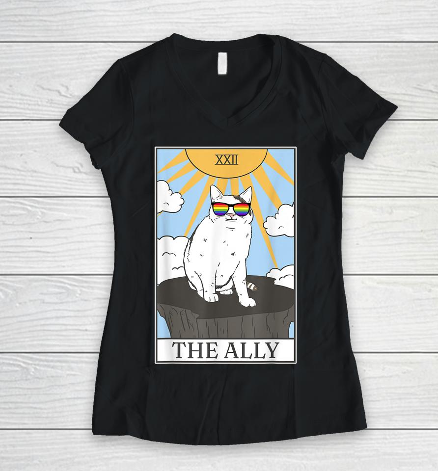 Gay Pride Pride Sunglasses Ally Cat Tarot Card Women V-Neck T-Shirt