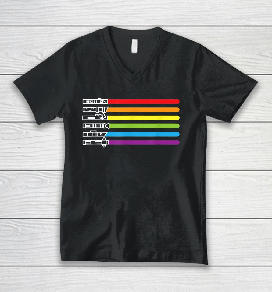 Gay Rainbow Saber Lgbt Pride Month Unisex V-Neck T-Shirt