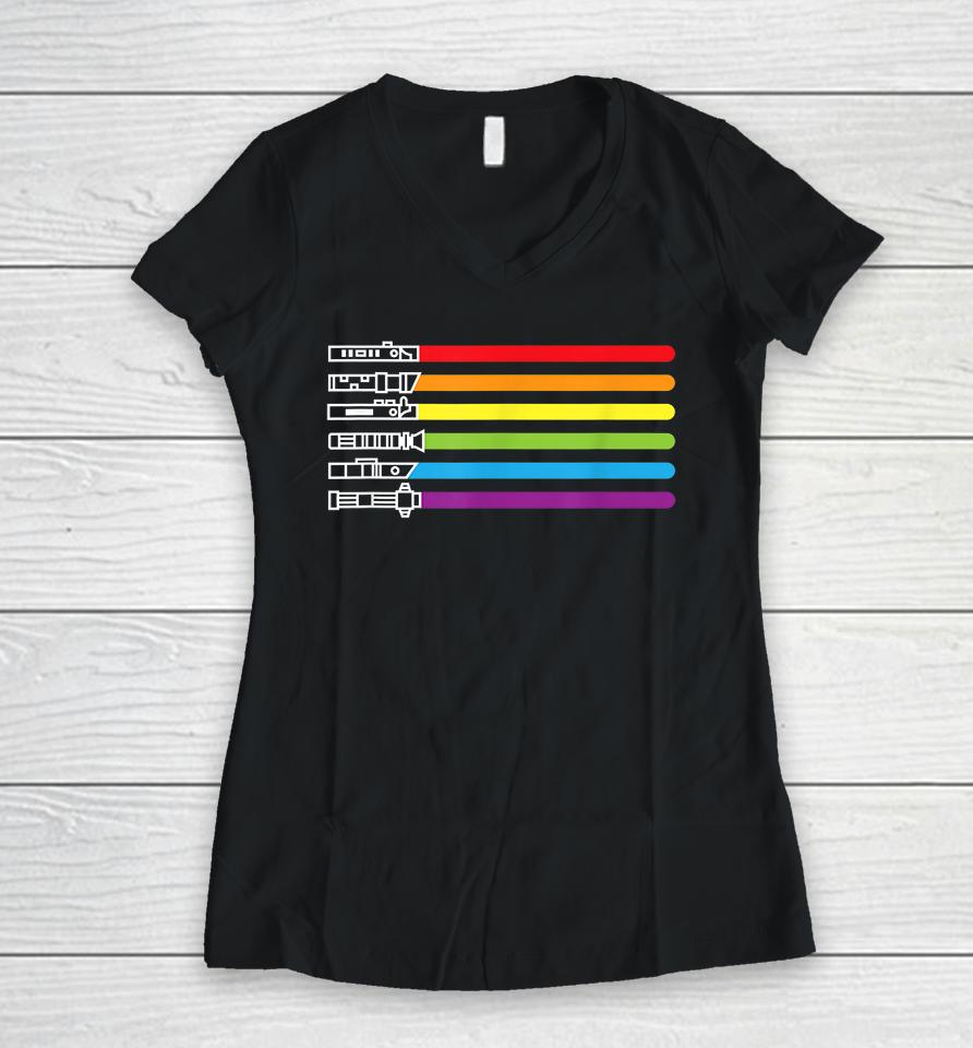 Gay Rainbow Saber Lgbt Pride Month Women V-Neck T-Shirt