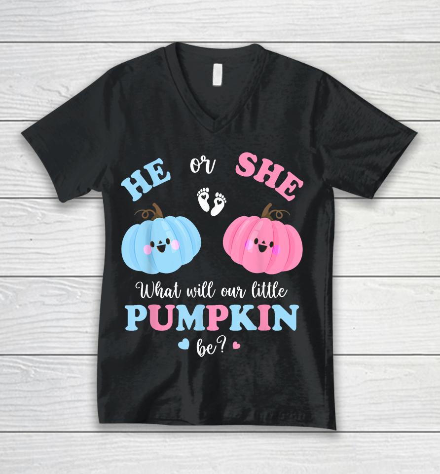 Gender Reveal Party Cute Pumpkin Baby Shower Mom And Dad Unisex V-Neck T-Shirt