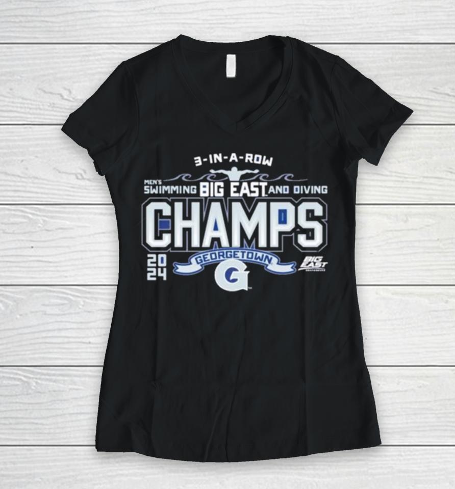 Georgetown Hoyas Blue 84 2024 Big East Men’s Swimming &Amp; Diving Champions Women V-Neck T-Shirt