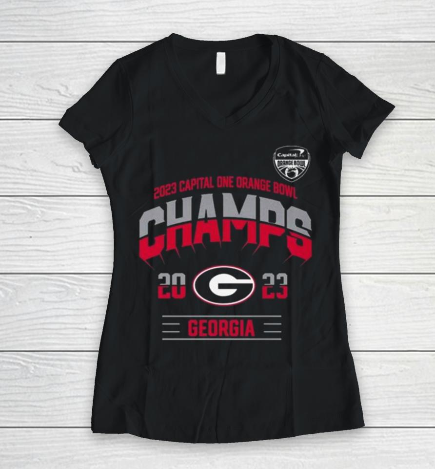 Georgia Bulldogs Football 2023 Orange Bowl Champions Women V-Neck T-Shirt