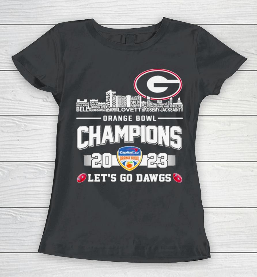 Georgia Bulldogs Football Skyline Players Names 2023 Orange Bowl Champions Let’s Go Dawgs Women T-Shirt