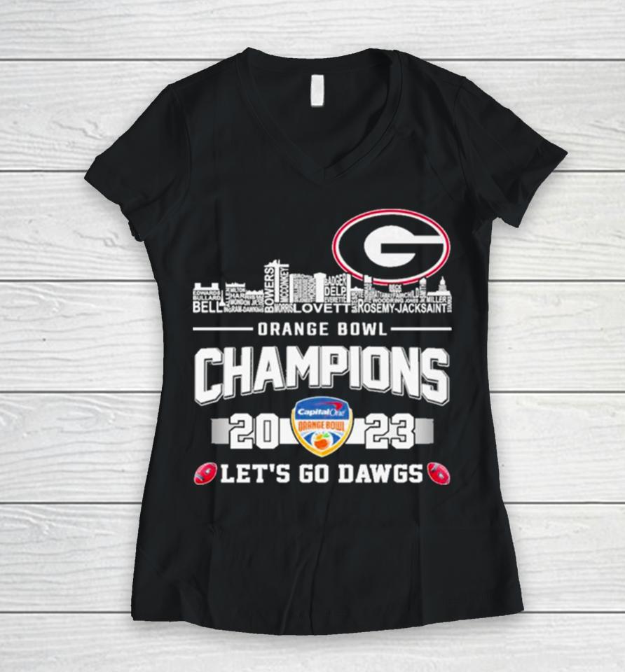 Georgia Bulldogs Football Skyline Players Names 2023 Orange Bowl Champions Let’s Go Dawgs Women V-Neck T-Shirt
