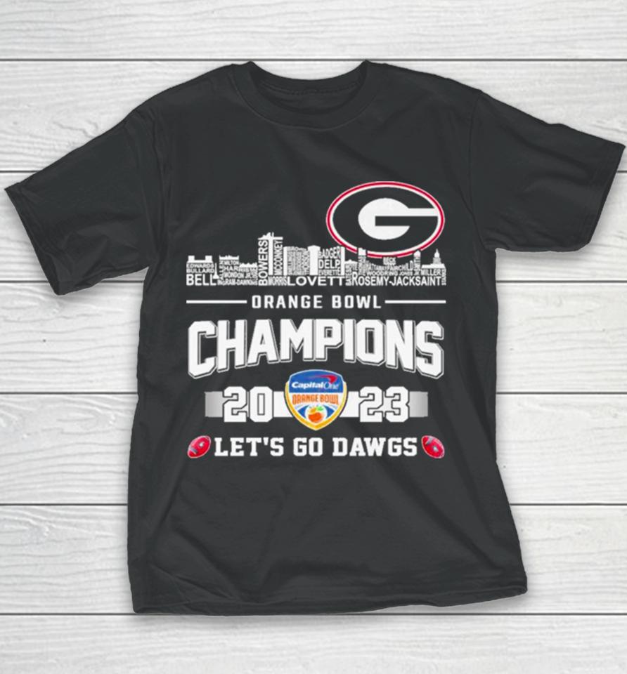 Georgia Bulldogs Football Skyline Players Names 2023 Orange Bowl Champions Let’s Go Dawgs Youth T-Shirt