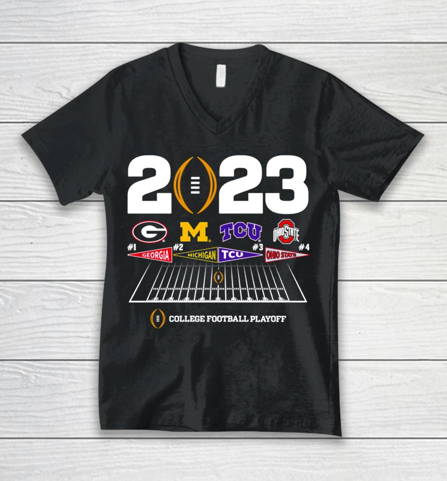 Georgia Michigan Tcu Ohio State College Football Playoff 4 Team Announcement Battle 2023 Unisex V-Neck T-Shirt