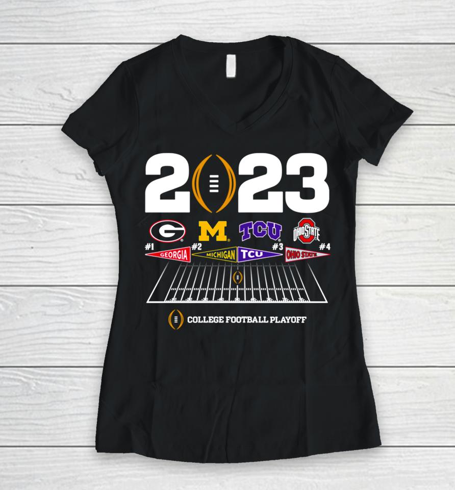 Georgia Michigan Tcu Ohio State College Football Playoff 4 Team Announcement Battle 2023 Women V-Neck T-Shirt