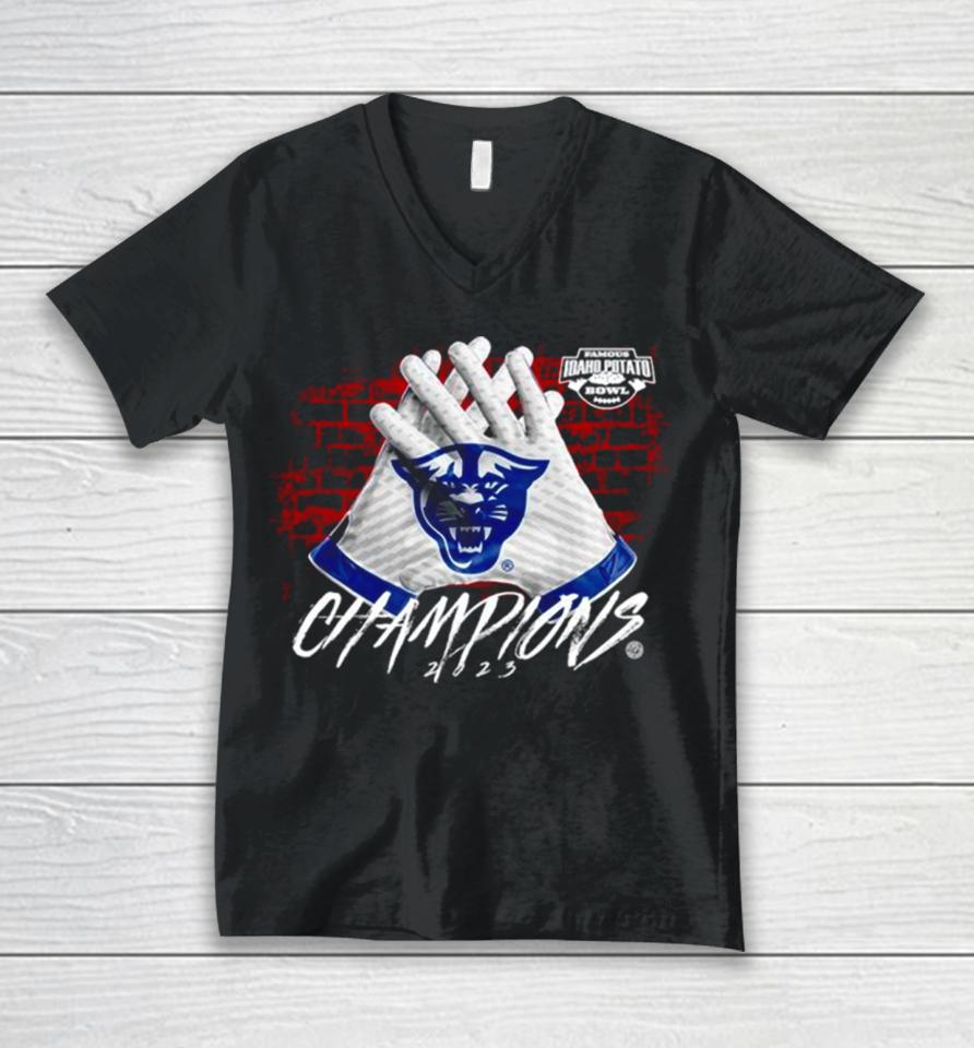 Georgia State Panthers 2023 Famous Idaho Potato Bowl Champions Gloves Unisex V-Neck T-Shirt