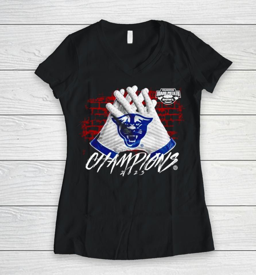Georgia State Panthers 2023 Famous Idaho Potato Bowl Champions Gloves Women V-Neck T-Shirt