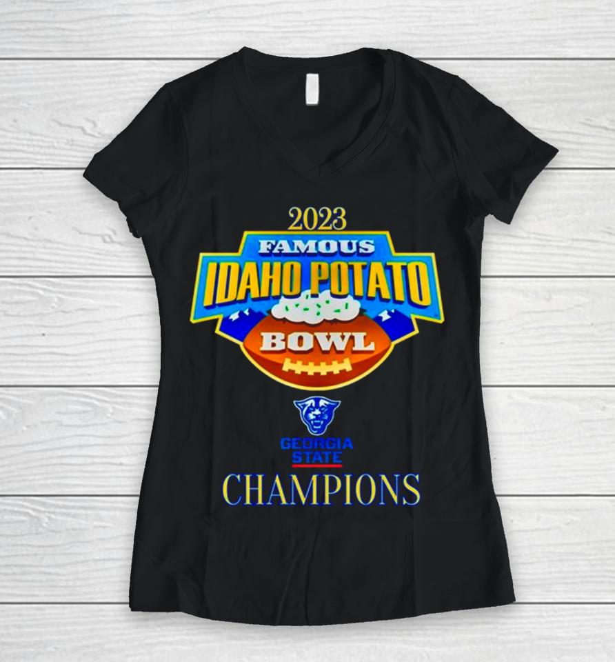Georgia State Panthers 2023 Famous Idaho Potato Bowl Champions Women V-Neck T-Shirt