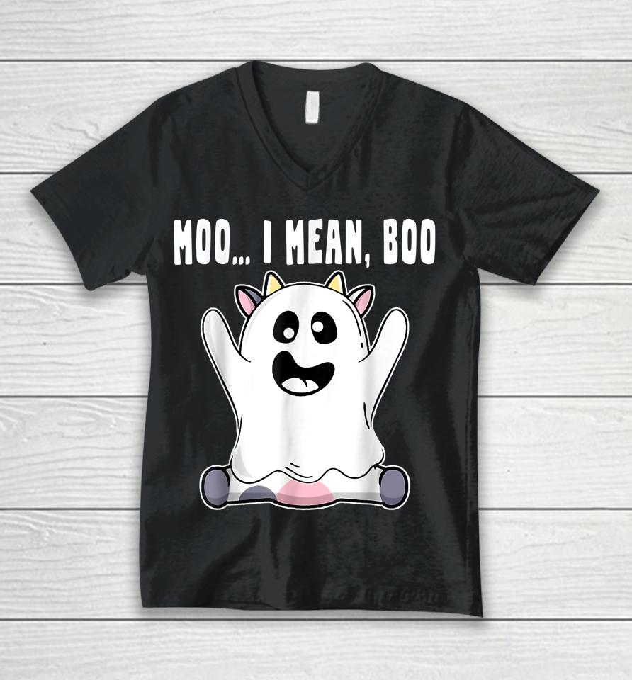 Ghost Cow Moo I Mean Boo Pumpkin Moon Halloween Farmer Gift Unisex V-Neck T-Shirt