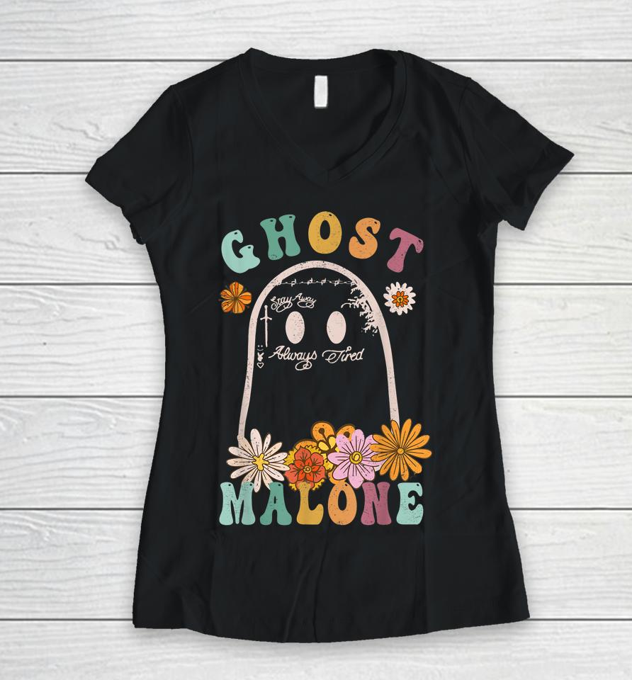 Ghost Malone Fall Season Spooky Halloween Cute Ghost Groovy Women V-Neck T-Shirt