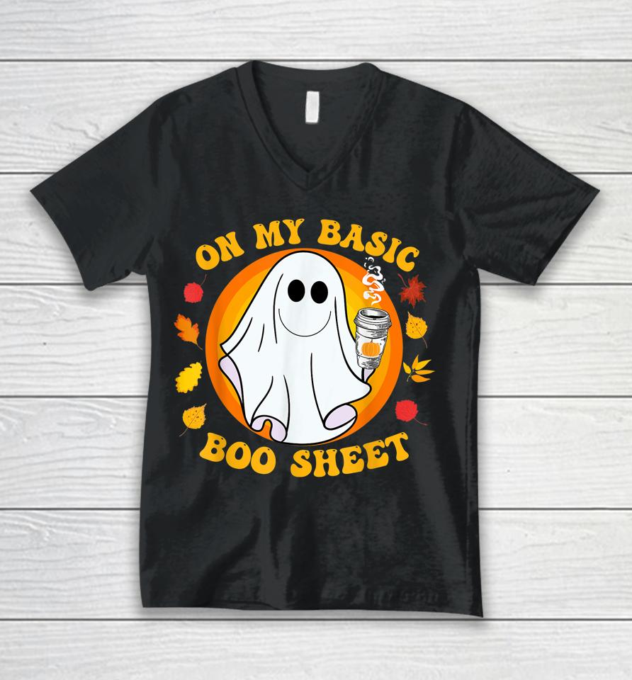 Ghost Pumpkin Spice Latte Fall Vibe Halloween Funny Basic Unisex V-Neck T-Shirt