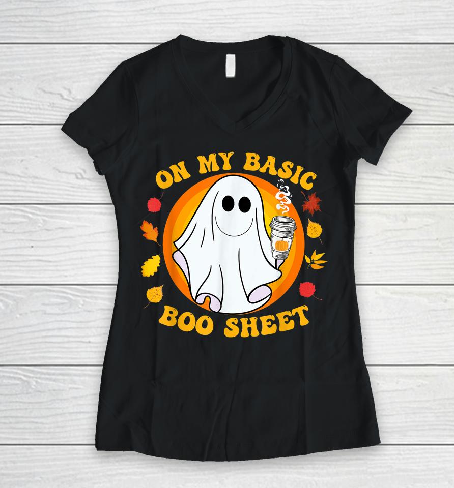 Ghost Pumpkin Spice Latte Fall Vibe Halloween Funny Basic Women V-Neck T-Shirt