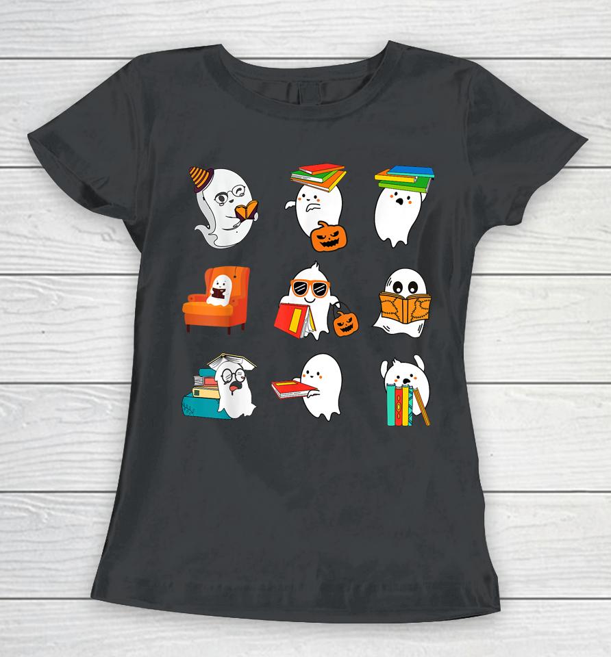 Ghost Reading Teacher Halloween Librarian Book Lover School Women T-Shirt