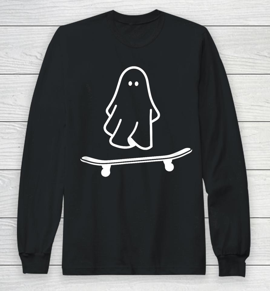 Ghost Skateboard Lazy Halloween Costume Funny Skateboarding Long Sleeve T-Shirt