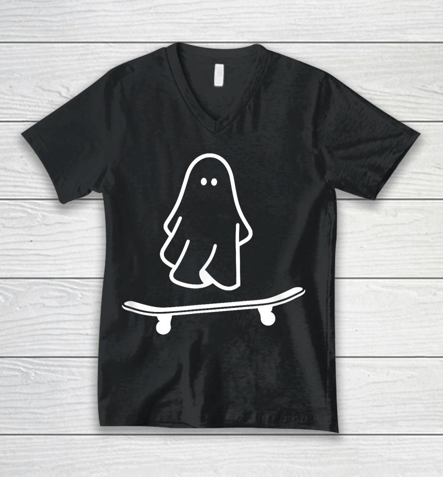 Ghost Skateboard Lazy Halloween Costume Funny Skateboarding Unisex V-Neck T-Shirt