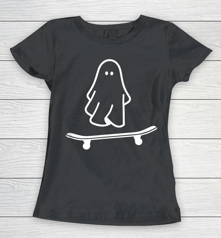 Ghost Skateboard Lazy Halloween Costume Funny Skateboarding Women T-Shirt