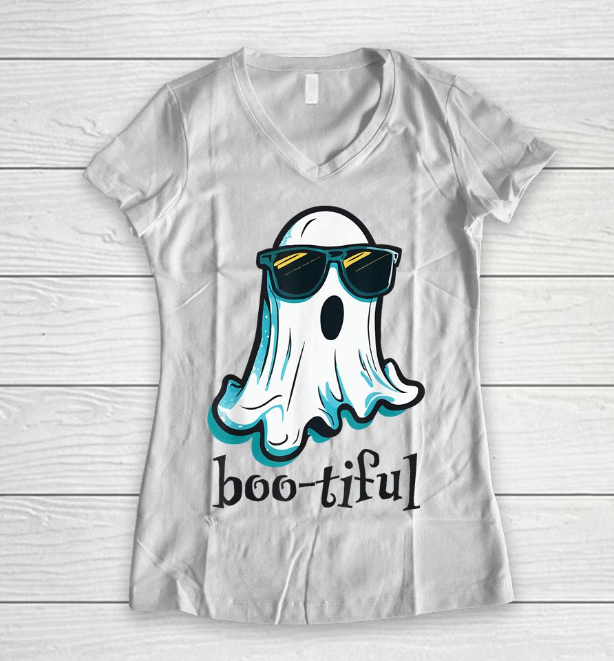 Ghost With Sunglasses - Boo-Tiful Halloween Women V-Neck T-Shirt