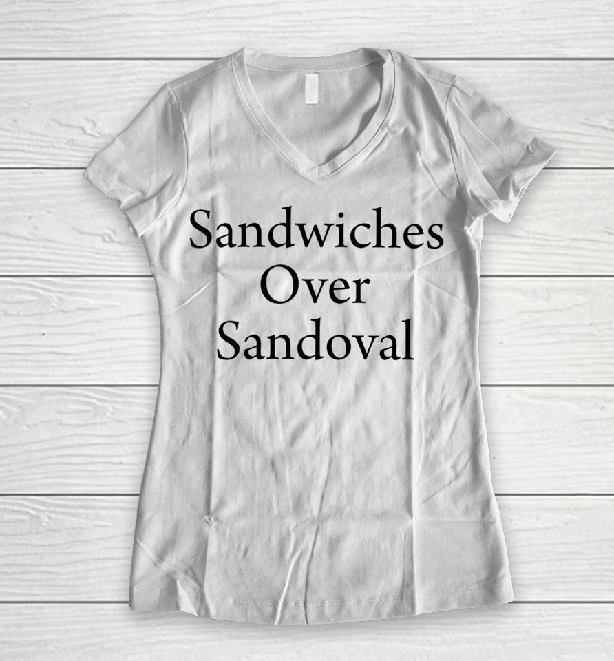 Gibson Johns Wearing Sandwiches Over Sandoval Women V-Neck T-Shirt