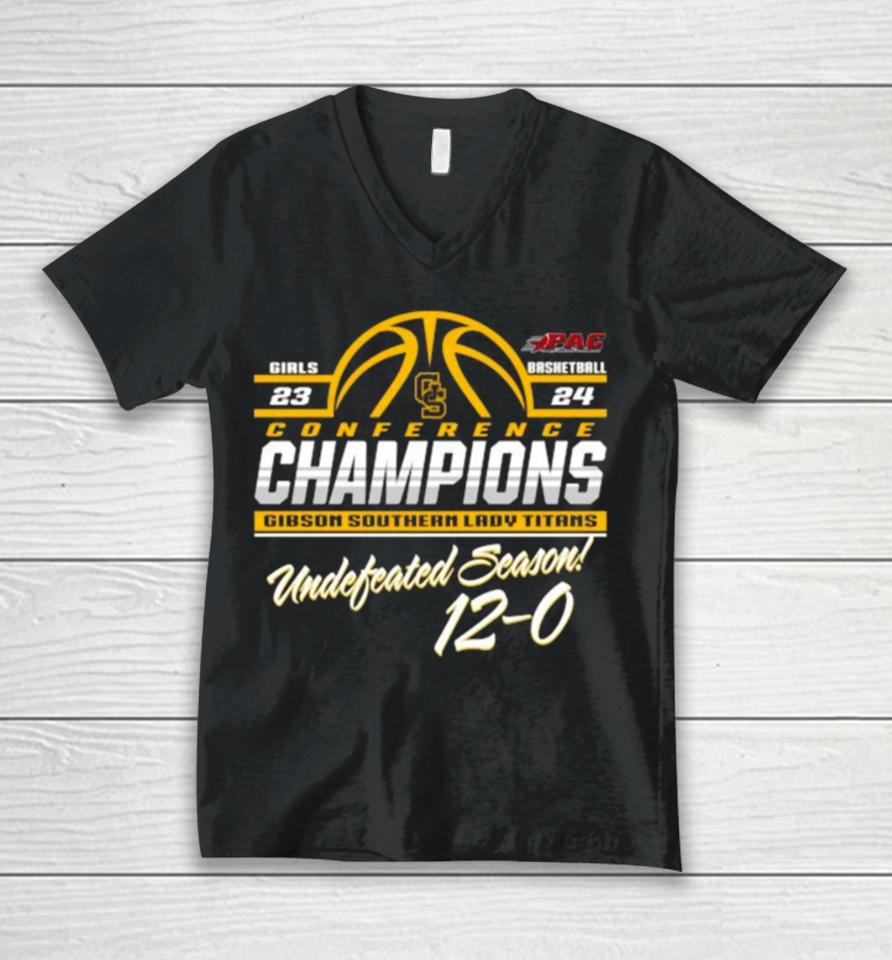 Gibson Southern Lady Titans 2024 Ihsaa State Girl Basketball Conference Champions Undefeated Season 12 0 Unisex V-Neck T-Shirt