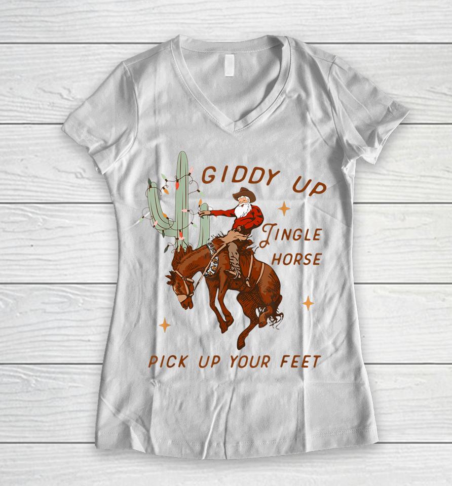 Giddy Up Jingle Horse Pick Up Your Feet Cowboy Santa Xmas Women V-Neck T-Shirt