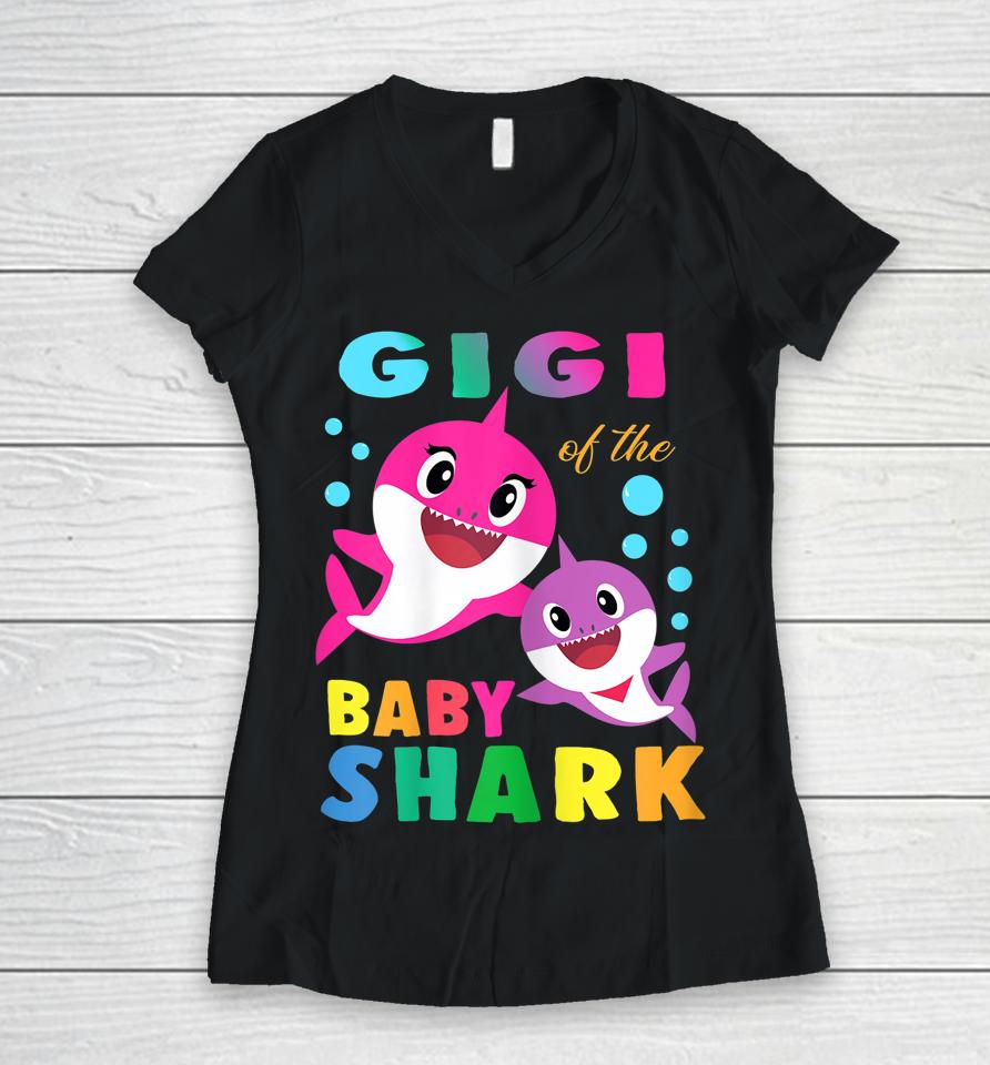 Gigi Of The Birthday Baby Gigi Shark Family Mother's Day Women V-Neck T-Shirt