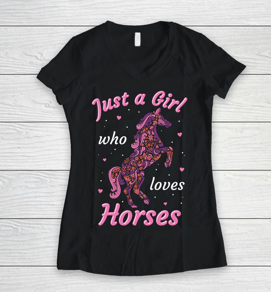 Girl Who Loves Horses Equestrian Horse Design For Girls Women V-Neck T-Shirt