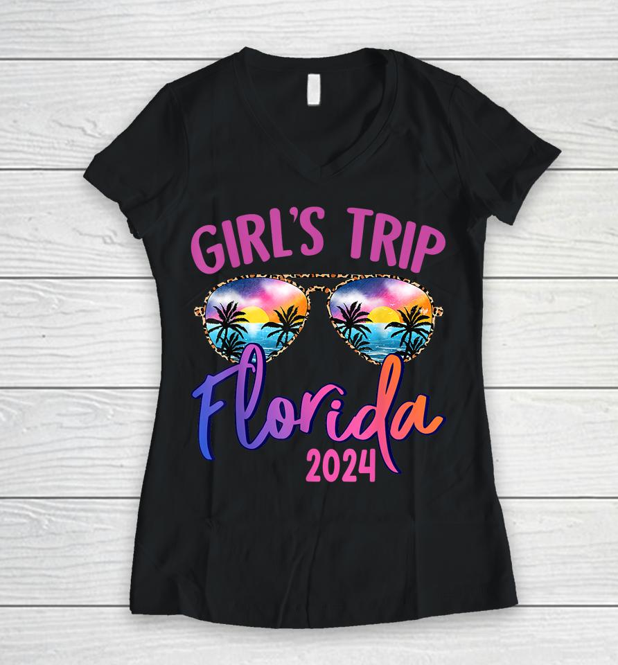 Girls Trip Florida 2024 Sunglasses Summer Girlfriend Group Women V-Neck T-Shirt