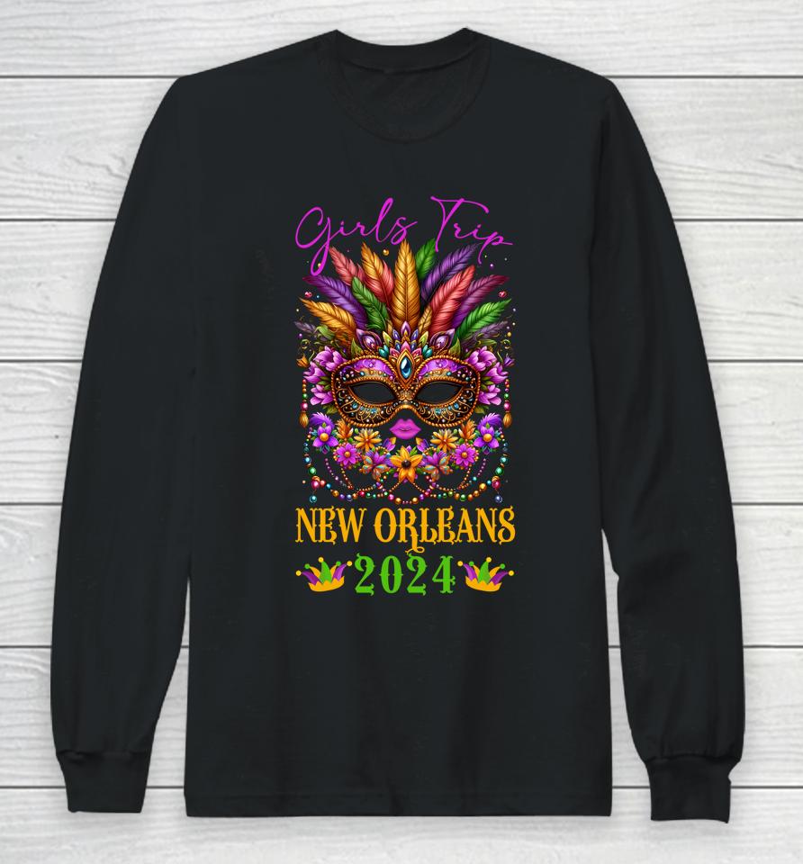 Girls Trip New Orleans 2024 Women Girl Mardi Gras Mask Beads Long Sleeve T-Shirt