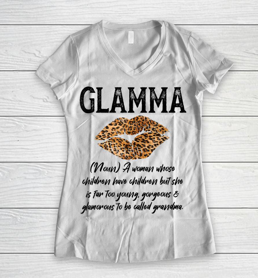 Glamma Leopard Lips Kiss Glam Ma Description Mother's Day Women V-Neck T-Shirt