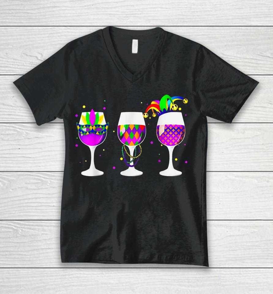 Glass Of Wine Funny Drinking Wine Mardi Gras Unisex V-Neck T-Shirt