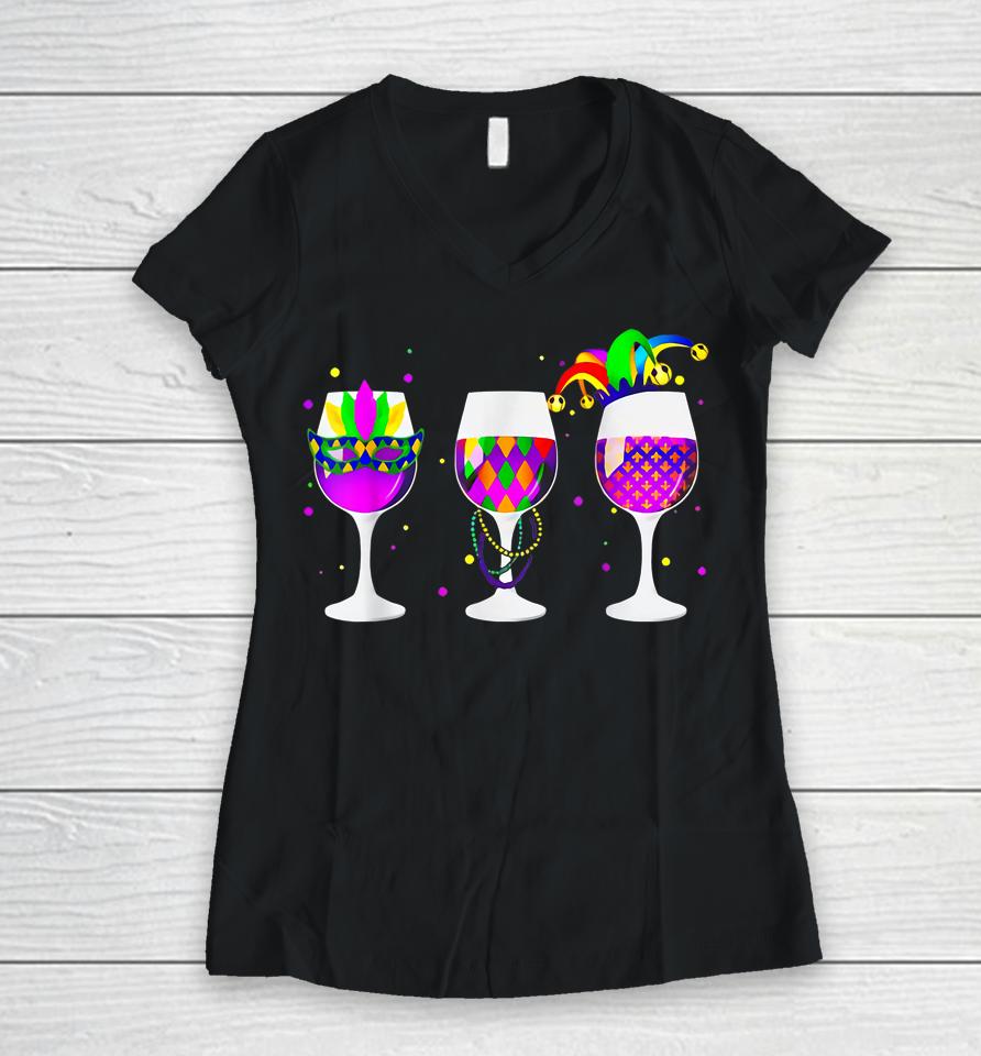 Glass Of Wine Funny Drinking Wine Mardi Gras Women V-Neck T-Shirt