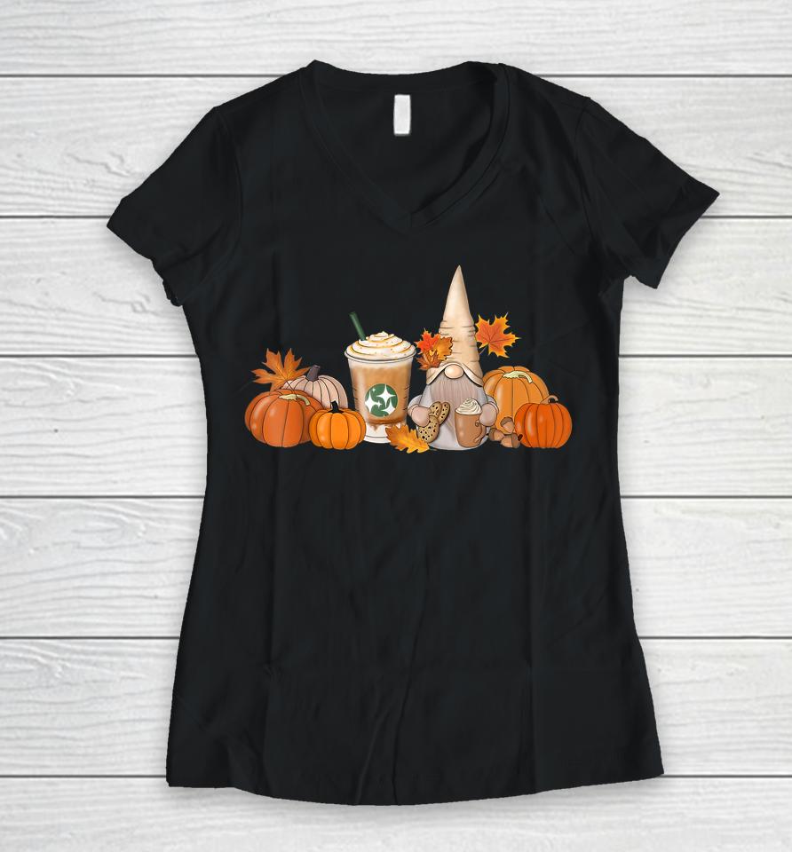 Gnome Coffee Latte Pumpkin Fall Autumn Funny Thanksgiving Women V-Neck T-Shirt