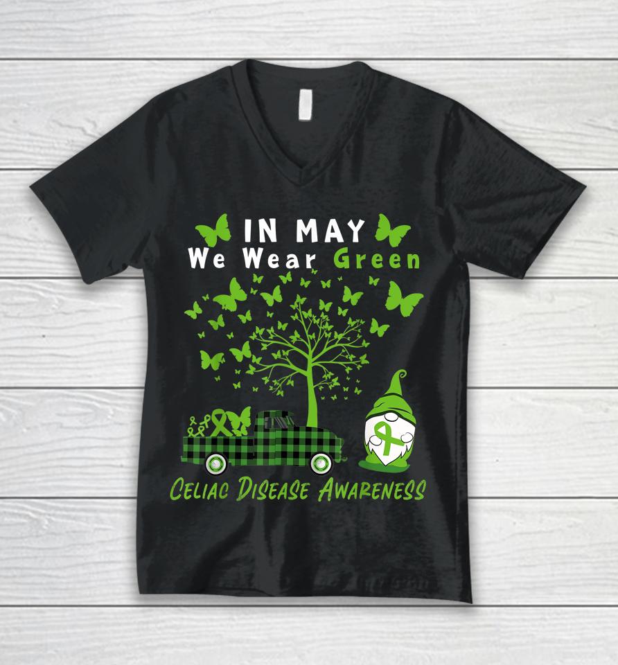 Gnome In May We Wear Green Ribbon Celiac Disease Awareness Unisex V-Neck T-Shirt