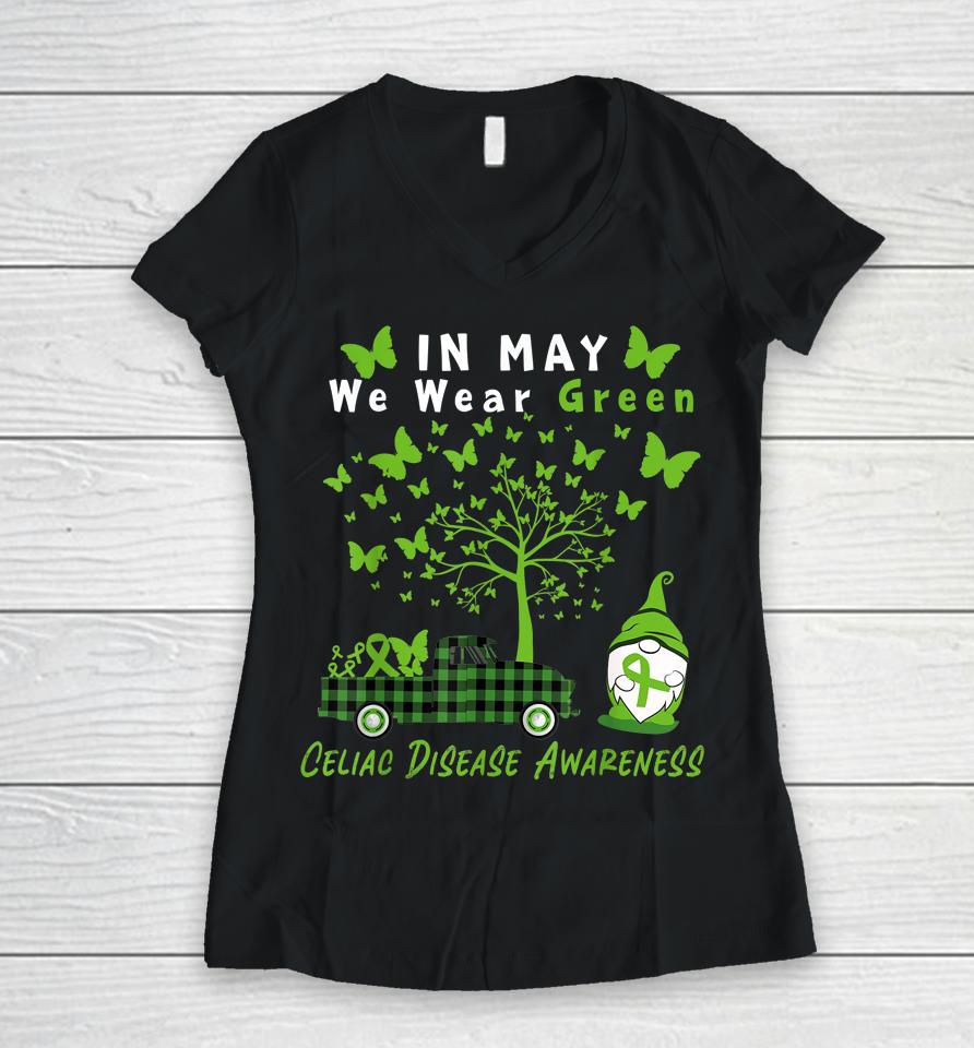 Gnome In May We Wear Green Ribbon Celiac Disease Awareness Women V-Neck T-Shirt