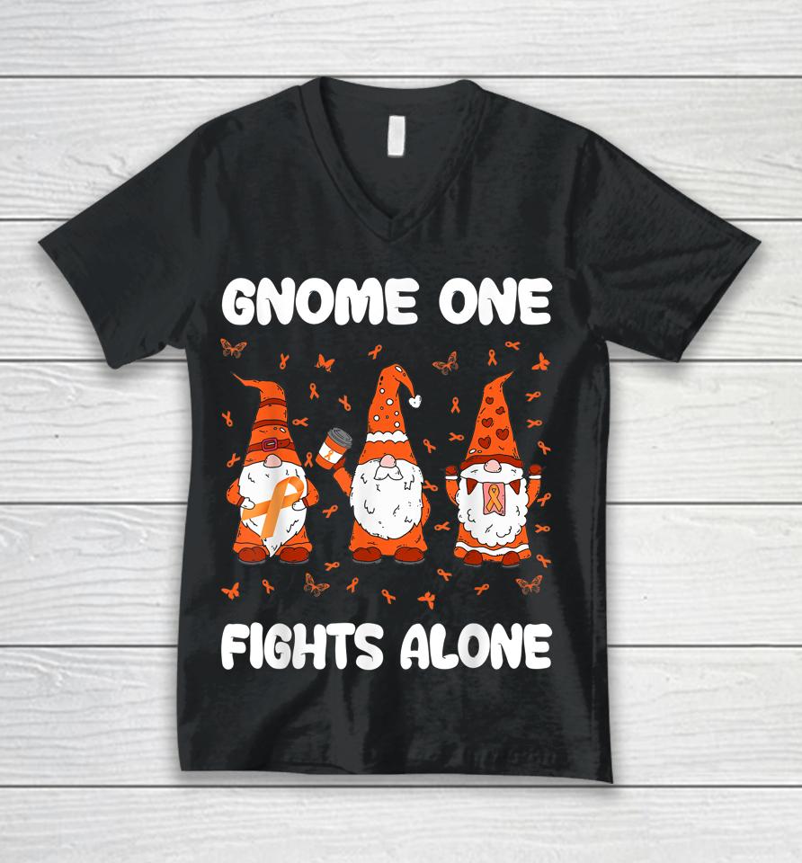 Gnome One Fights Alone Leukemia Awareness Gnome Pun Unisex V-Neck T-Shirt