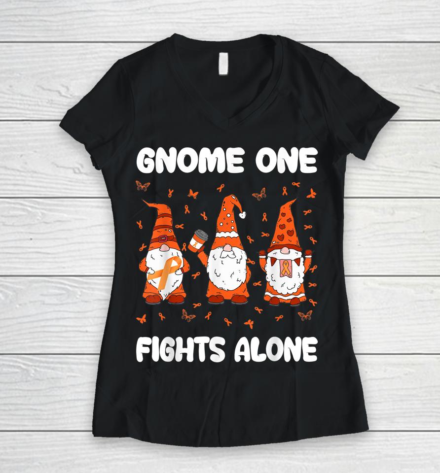 Gnome One Fights Alone Leukemia Awareness Gnome Pun Women V-Neck T-Shirt