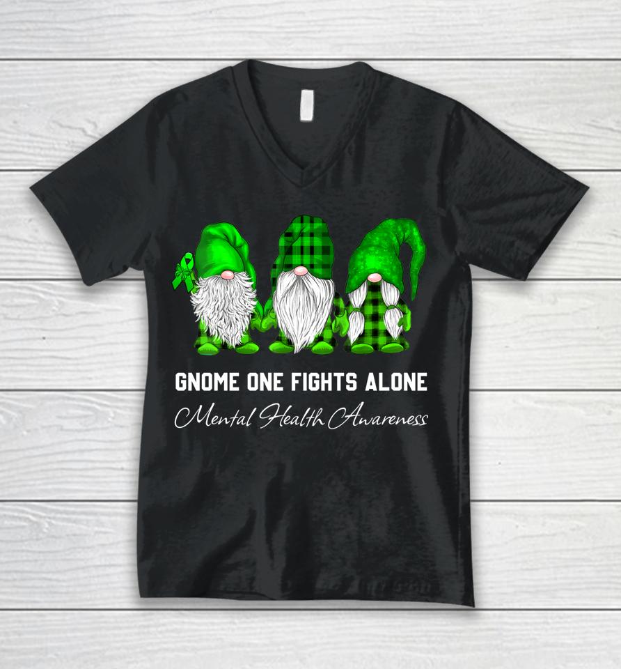 Gnome One Fights Alone Mental Health Awareness Green Ribbon Unisex V-Neck T-Shirt