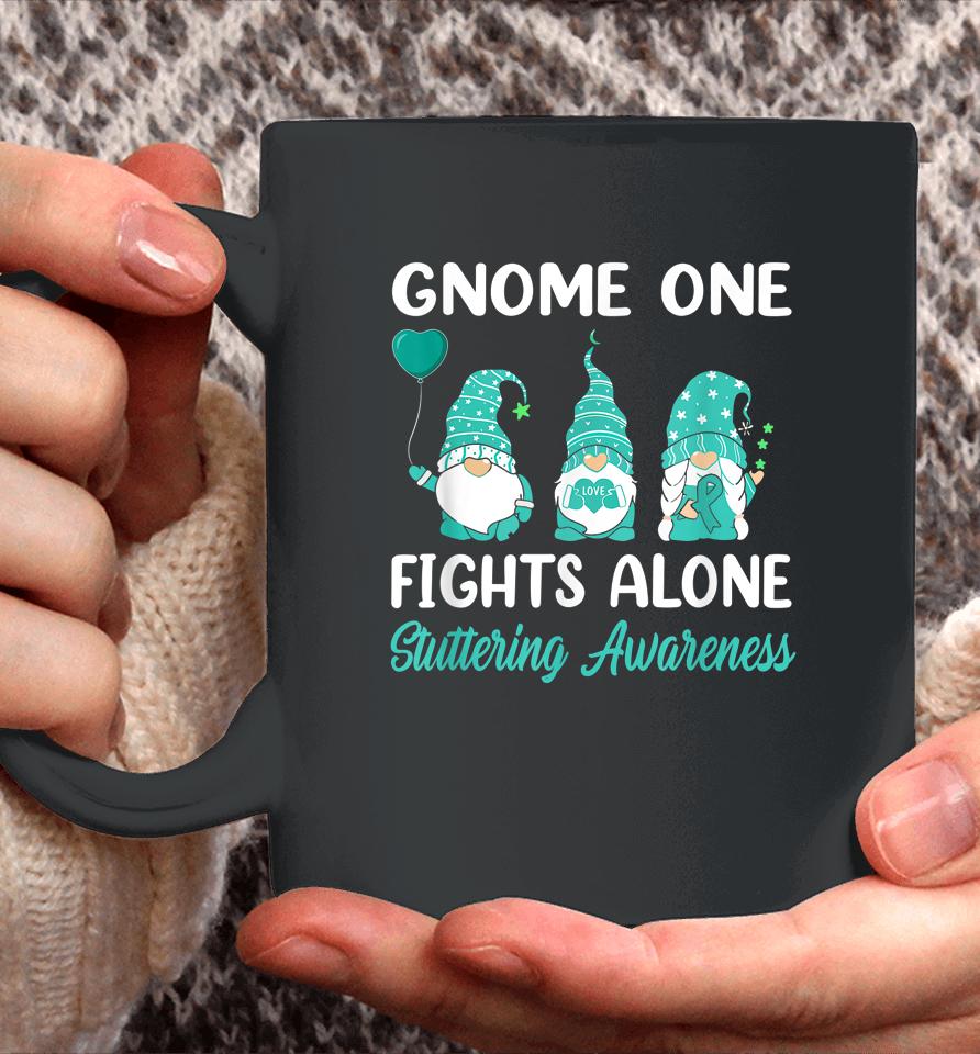 Gnome One Fights Alone Teal Ribbon Stuttering Awareness Coffee Mug