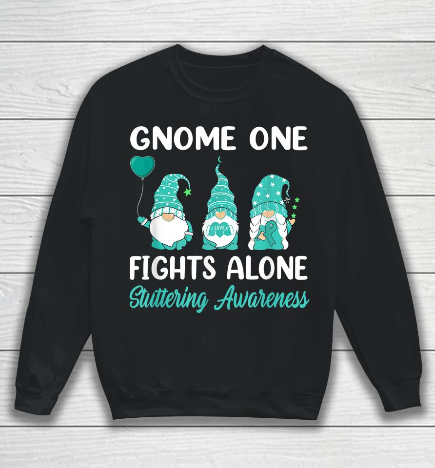 Gnome One Fights Alone Teal Ribbon Stuttering Awareness Sweatshirt