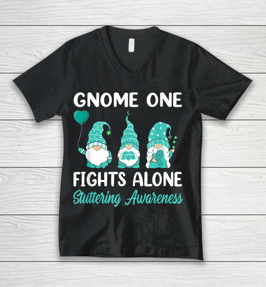 Gnome One Fights Alone Teal Ribbon Stuttering Awareness Unisex V-Neck T-Shirt