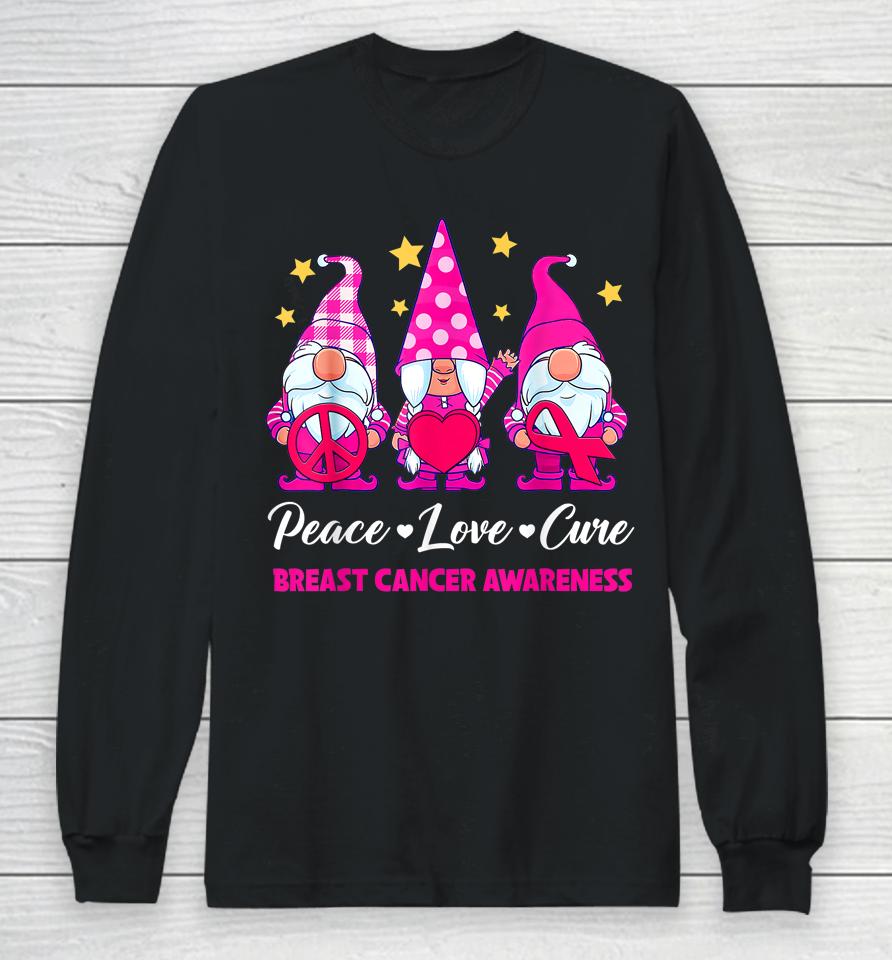 Gnome Peace Love Cure Pink Ribbon Breast Cancer Awareness Long Sleeve T-Shirt