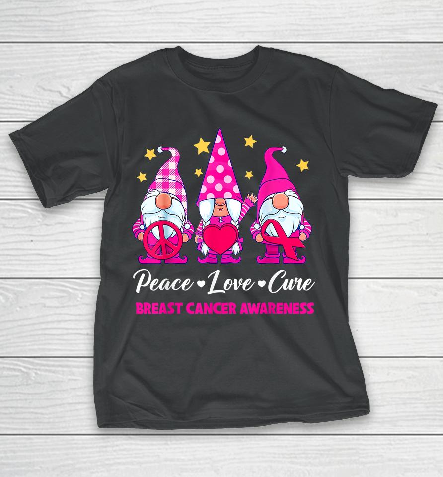 Gnome Peace Love Cure Pink Ribbon Breast Cancer Awareness T-Shirt
