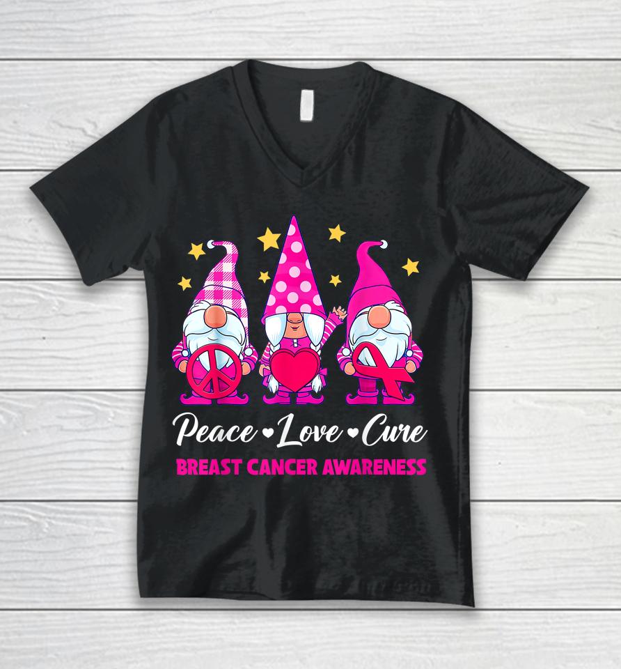 Gnome Peace Love Cure Pink Ribbon Breast Cancer Awareness Unisex V-Neck T-Shirt