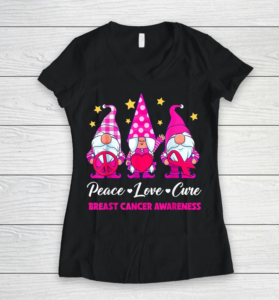 Gnome Peace Love Cure Pink Ribbon Breast Cancer Awareness Women V-Neck T-Shirt